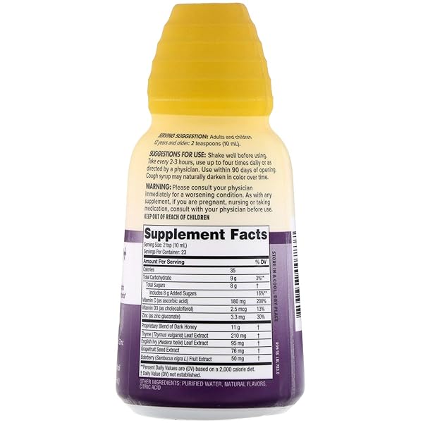 ZARBEE’S NATURALS COMPLETE DAYTIME COUGH SYRUP + IMMUNE WITH DARK HONEY, REAL ELDERBERRY, VITAMIN C, D & ZINC, 8 OZ BOTTLE