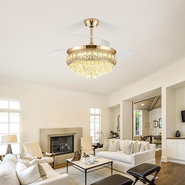 STYLORAVIVE 42″ FANDELIER CEILING FAN WITH LIGHT, CRYSTAL RETRACTABLE CEILING FAN WITH LIGHTS AND REMOTE, CHANDELIER FANS FOR BEDROOM LIVING ROOM, REVERSIBLE DC MOTOR, DIMMABLE, 6 SPEEDS -GOLD