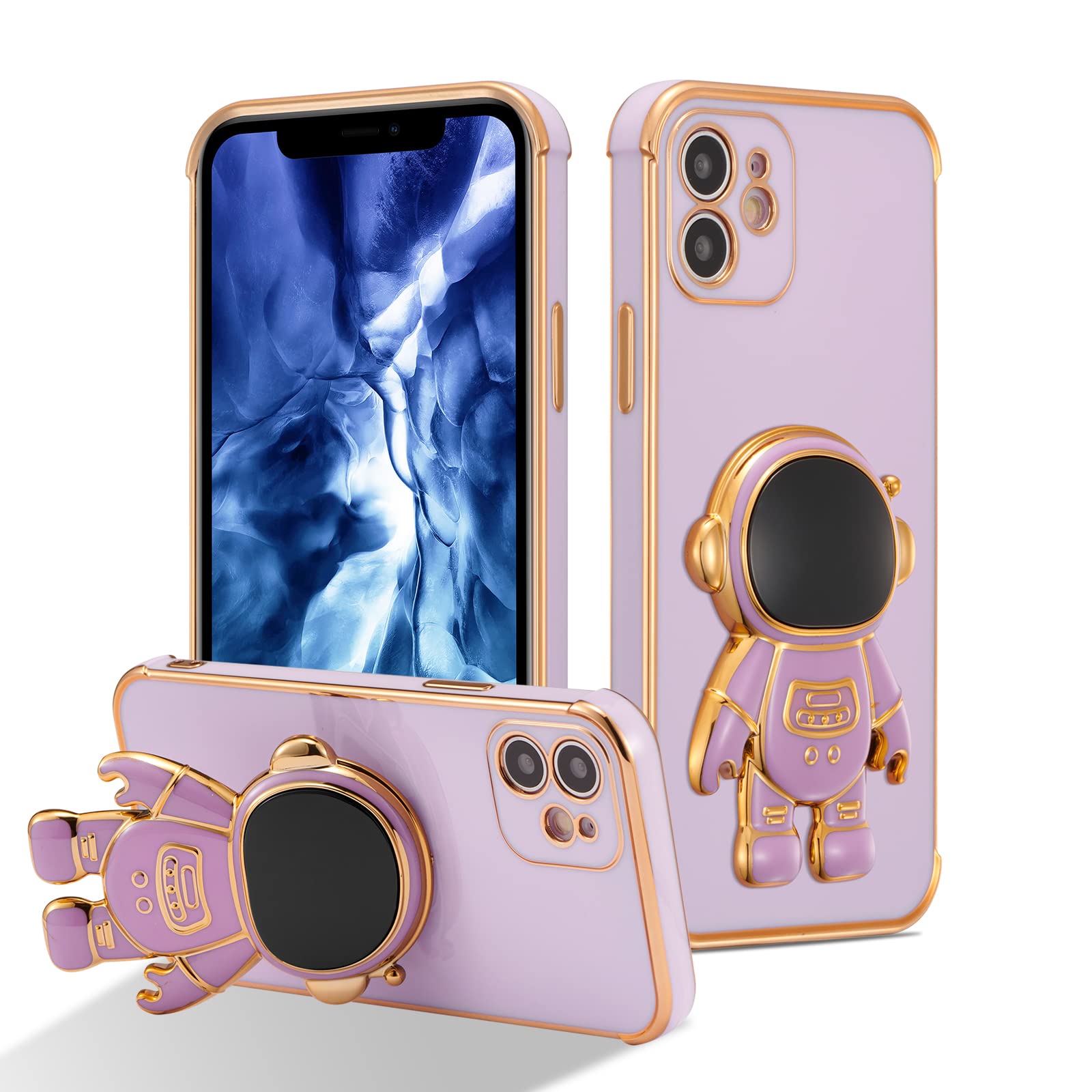 RALEAVO Compatible with iPhone 12 (6.1") Case with Cute Astronaut Kickstand Design Shockproof Plating Phone Case for iPhone 12-Purple — image 1