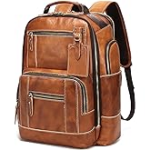 LANNSYNE Vintage Genuine Leather Backpack for Men, 15.6" Laptop Backpack Camping Travel 24L Rucksack