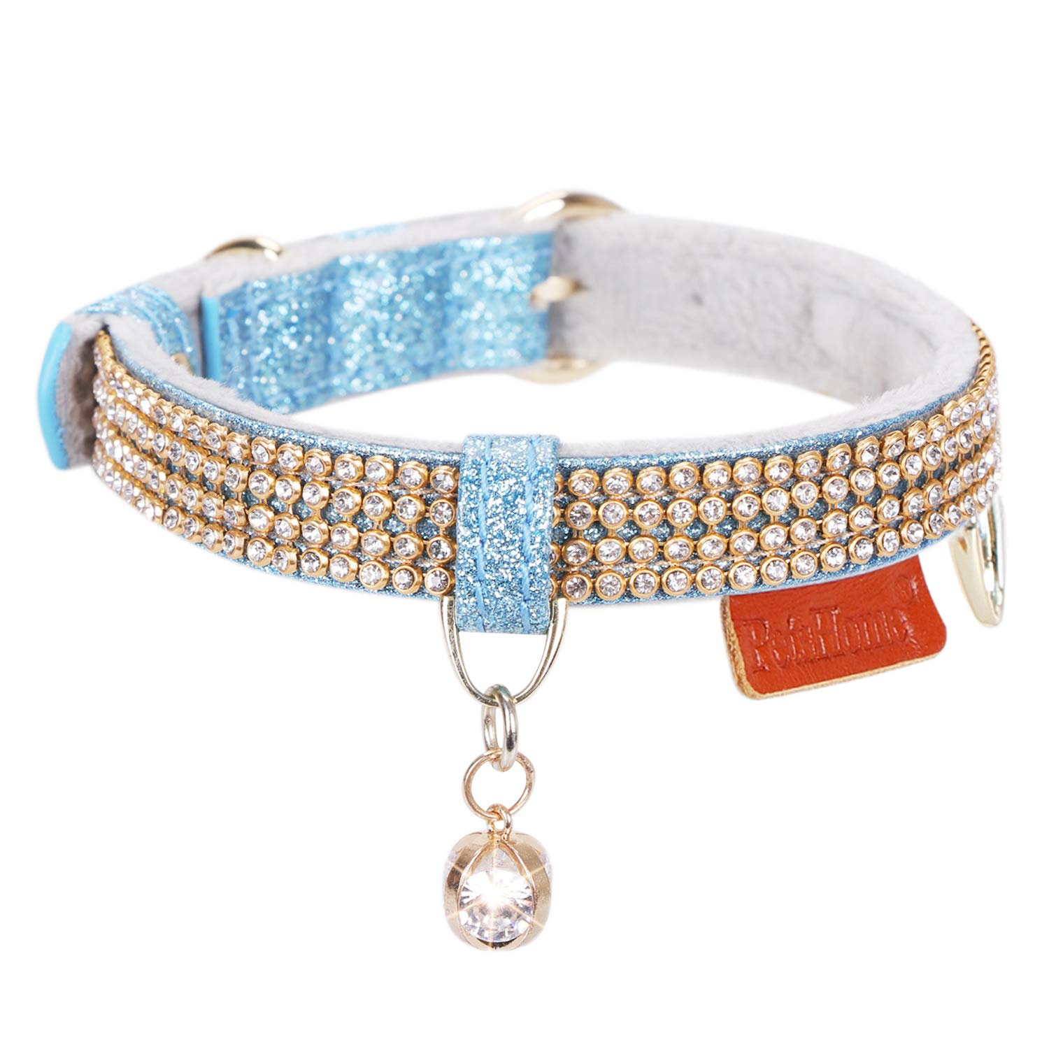 PetsHome Dog Collar, Cat Collar, Premium PU Leather Adjustable 10.6-13"(27-33cm) Dog Collar with Bling Rhinestones and Pendant Small Bling-Blue