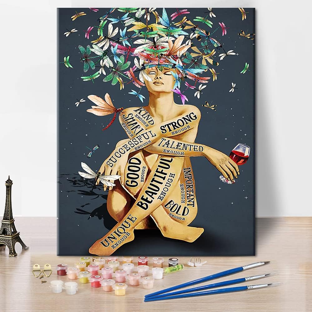 Paintings - TUMOVO Motivational Language Woman Paint by Numbers for Adults Beginner Dragonfly Paint by Number Artwork Paint by Number Kits Colorful Canvas Oil Painting by Number Home Wall Decor 16x20inch Framed