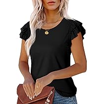 売れ筋商品|||セセ カットソー トップス レディース Women's Ruffled Short-Sleeve Tiered Top Rich Black WEESO Crewneck T Shirts for Women Loose Fit Ruffle Short