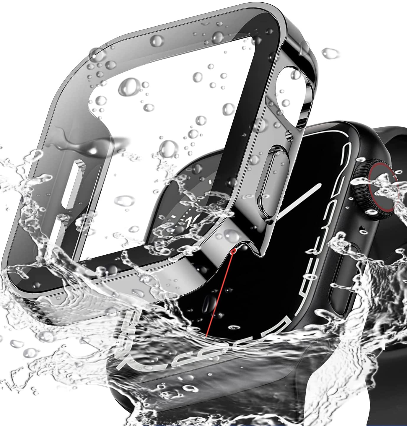 Miimall Waterproof Tempered Glass Case Compatible with Apple Watch Series 8/Series 7 45mm, PC Screen Protector Shell All-Around Protection Plating Frame Film Case For iWatch 45mm-Black