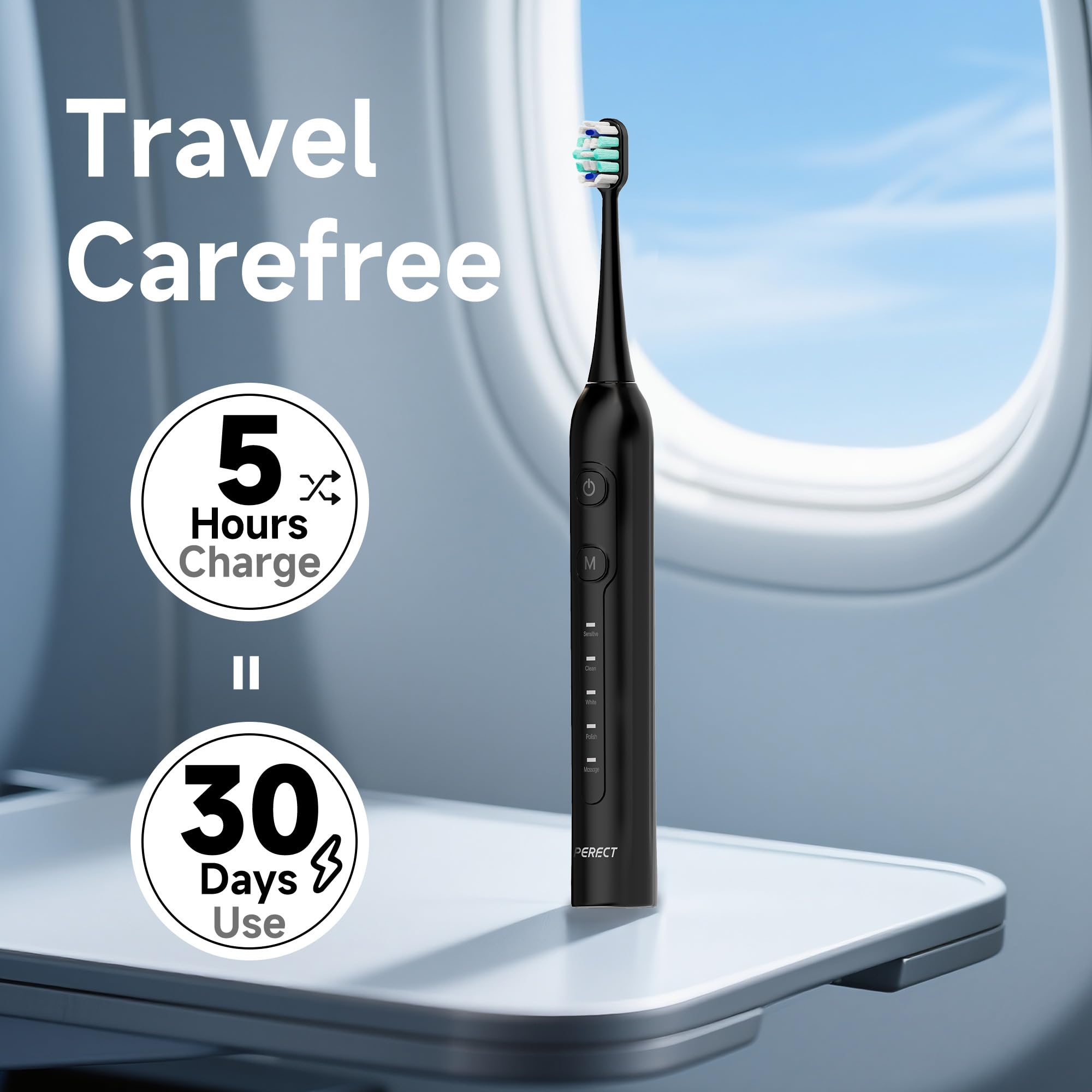 PERECT Electric Toothbrush for Adults, Rechargeable Sonic Electric Toothbrush with 6 Replacement Brush Heads, 1 Charge for 30 Days, 5 Modes 3 Intensities, Smart Timer (Black New)
