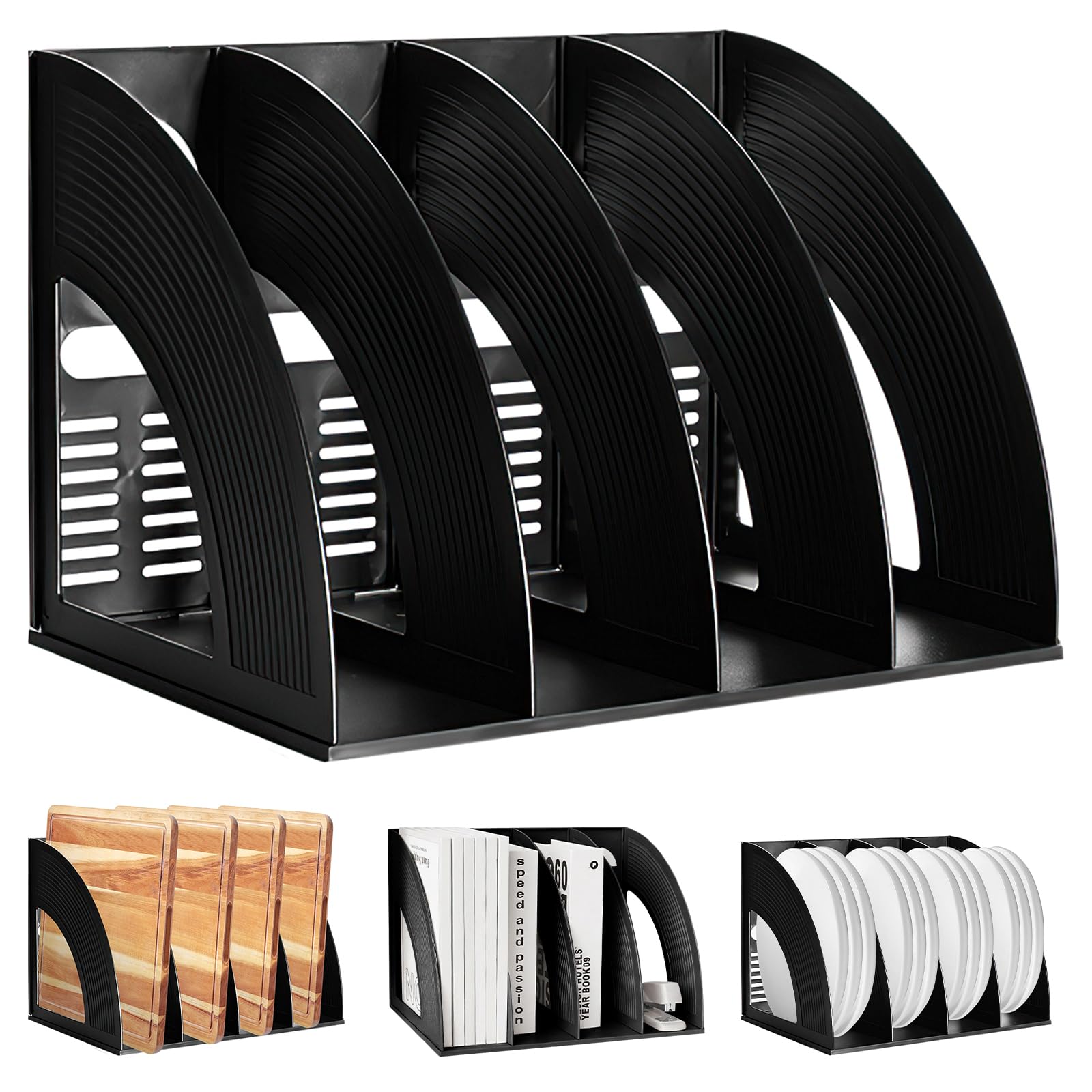 Photo 1 of SAYEEC File Holder Storage Folder 4 Compartment Standing Desktop Hollow Organizer Black Files Shelf Frame Thicken Plastic Paper Notebook Magazine Bookstore for Office School Supplier Students