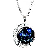 DEQIYIJI Zodiac Necklace Jewelry Birthday Gifts Astrology 12 Constellation Horoscope Sign Galaxy Crescent Half Moon Pendant Necklace