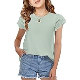 Arshiner Girls T Shirts Lace Petal Short Sleeves Kids Crewneck Casual Blouse Summer Tops Tees