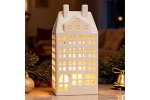 DN DECONATION Light Up Christmas Decor Village Sets, White Ceramic House with Lights, Modern Christmas Town Building Decorations, Winter Porcelain Village Xmas Decor for Tabletop Centerpiece Inside