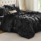BEDELITE Satin Comforter Set Queen, 7 Pieces Pintuck Bed in A Bag, Black | 100% Polyester Satin, Smooth and Soft Silky Bed Set, 15" Deep Pocket, Durable Elastic Corner Straps, Gentle on Hair and Skin