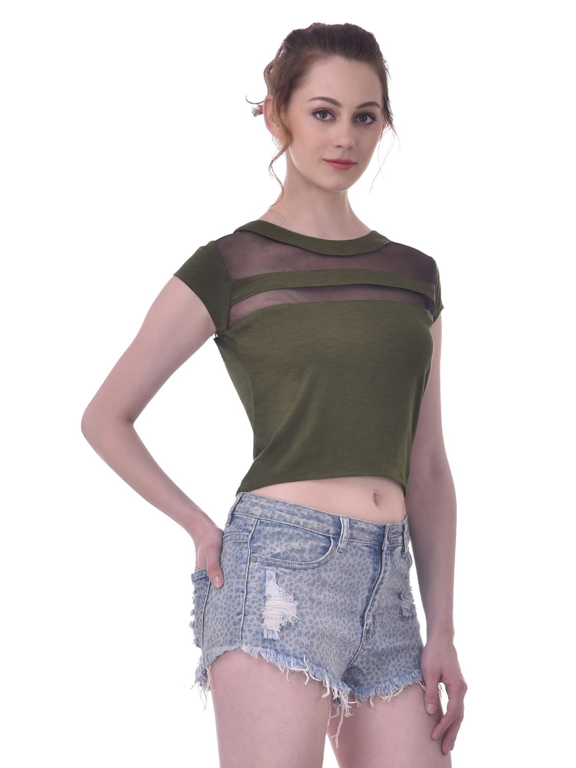 martini women mesh yoke panel summer waist length crop top (green, large)