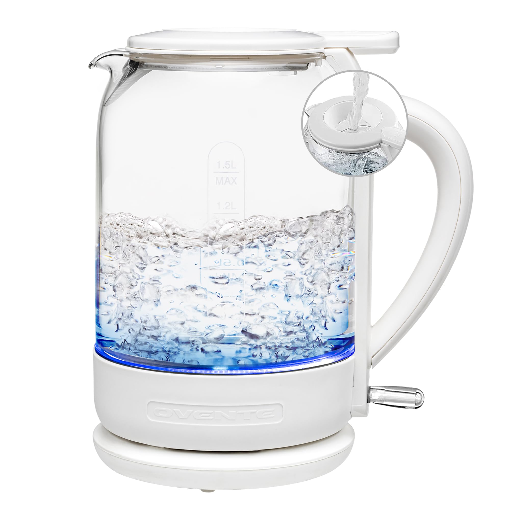 OVENTE Electric Kettle with 1.5L Borosilicate Glass, 1500W Fast Boiling Water Heater for Coffee or Tea, Easy to Fill Lid, Auto Shut-Off, Boil-Dry Protection & Stainless Steel Filter, White KG516W