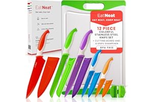 EatNeat 12 Piece Knife and Cutting Board Set: Premium Colorful Non-Stick Stainless Steel Chef Knife with Protective Sheaths & Sharpener - Cooking Gifts Idea - Ergonomic Sharp Knives for Kitchen