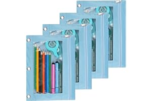 SdeFe Binder Fabric Pencil Pouch 3-Ring Binder Pencil Case Bag with Zipper 4 Pack (Light blue)