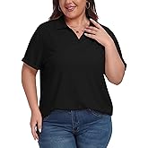 MoFiz Women's Plus Size Golf Polo Shirts Loose Fit Short Sleeve V-Neck Tennis Workouts Tops, XL-5XL
