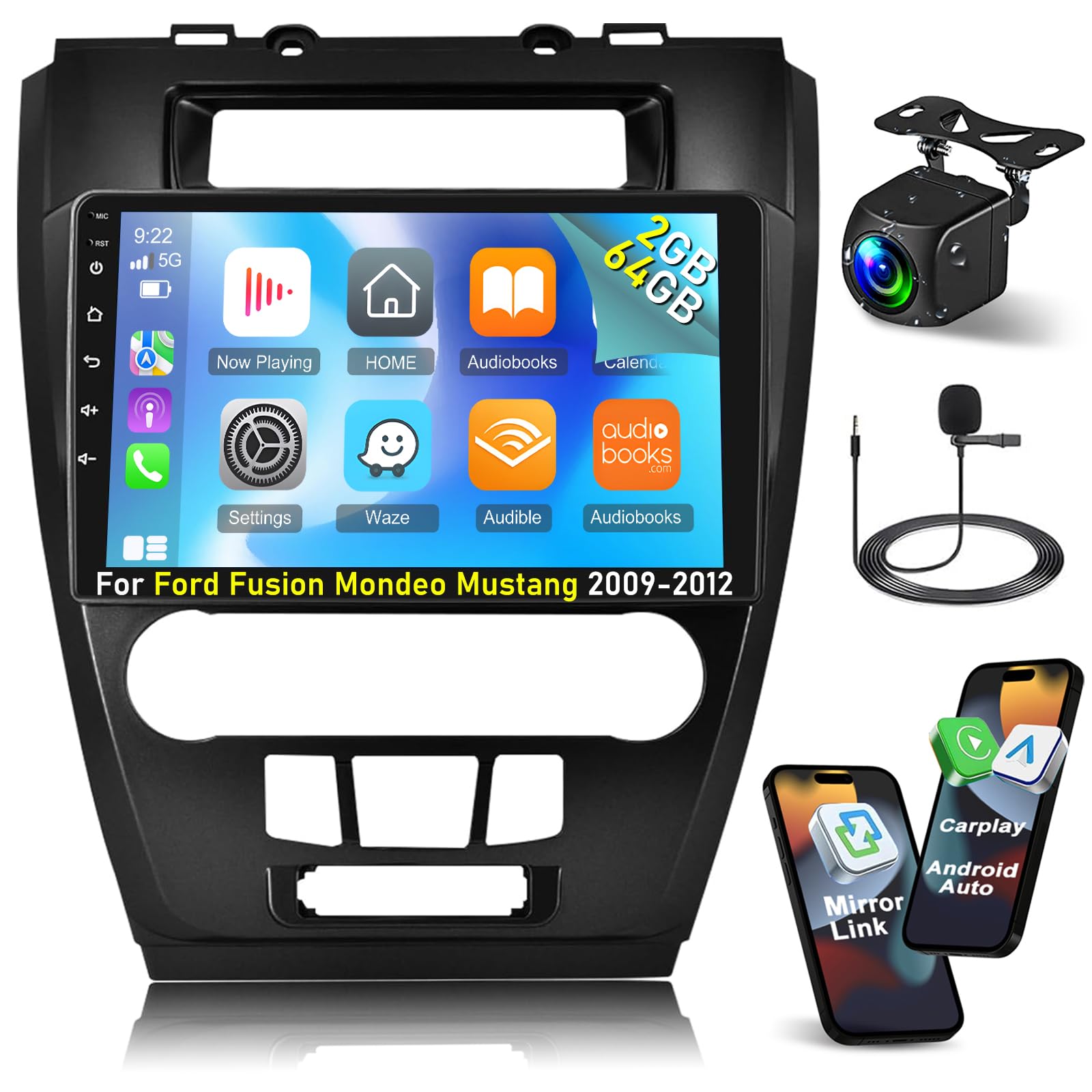 Photo 1 of [2+64G] Car Stereo for Ford Fusion Mondeo Mustang 2009-2012 - Wireless Carplay and Android Auto - 10.1 Inch Touch Screen Android Car Radio with Multiple UI/GPS/WiFi/SWC + AHD Backup Camera