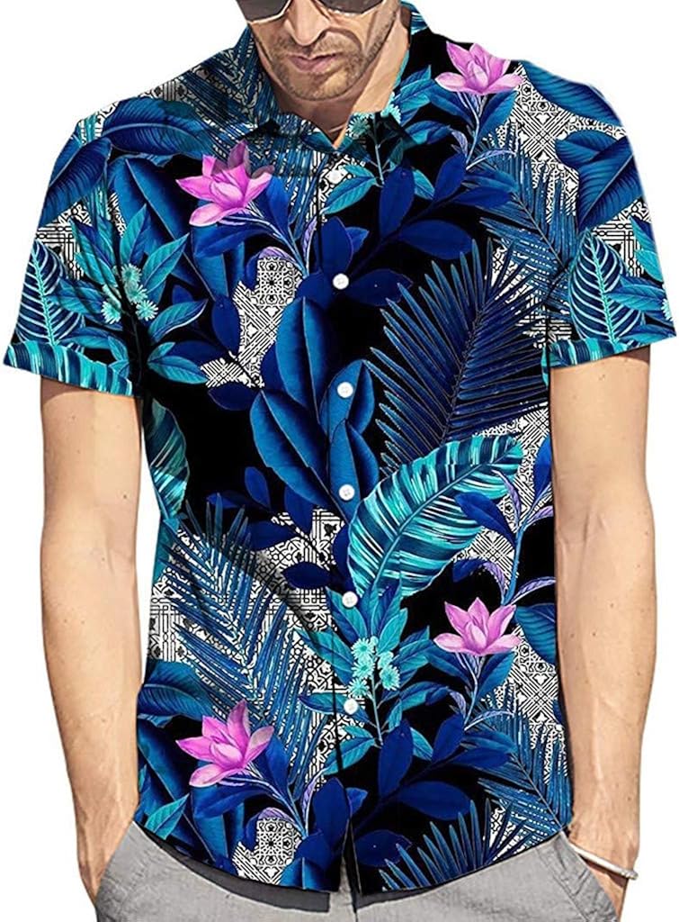Hawaiian Shirt Mens Top Floral Printed Button Down Short Sleeve