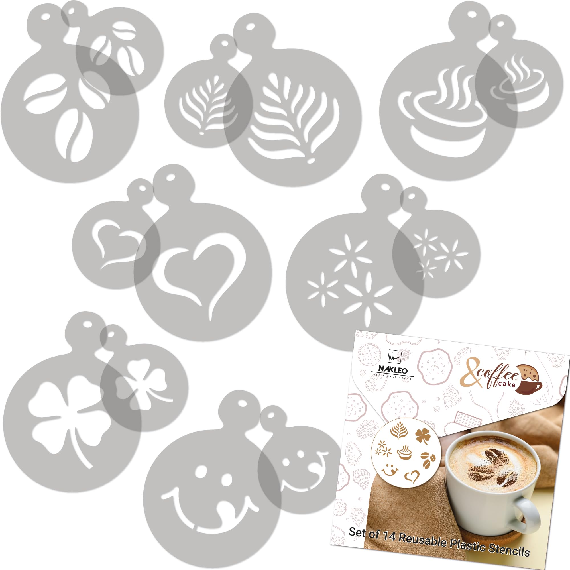 NAKLEO Coffee Stencils and Cookies Decoration 14Pcs 7x7 and 11x11cm, Reusable Plastic Baking Templates, Coffee Heart Beans, Barista DIY Art Craft, Capuccino Latte Chocolate Cake Biscuit Kitchen