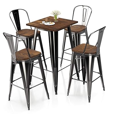 VIPEK Metal Bar Table Set with 4 High Back Barstools, Gloss Black