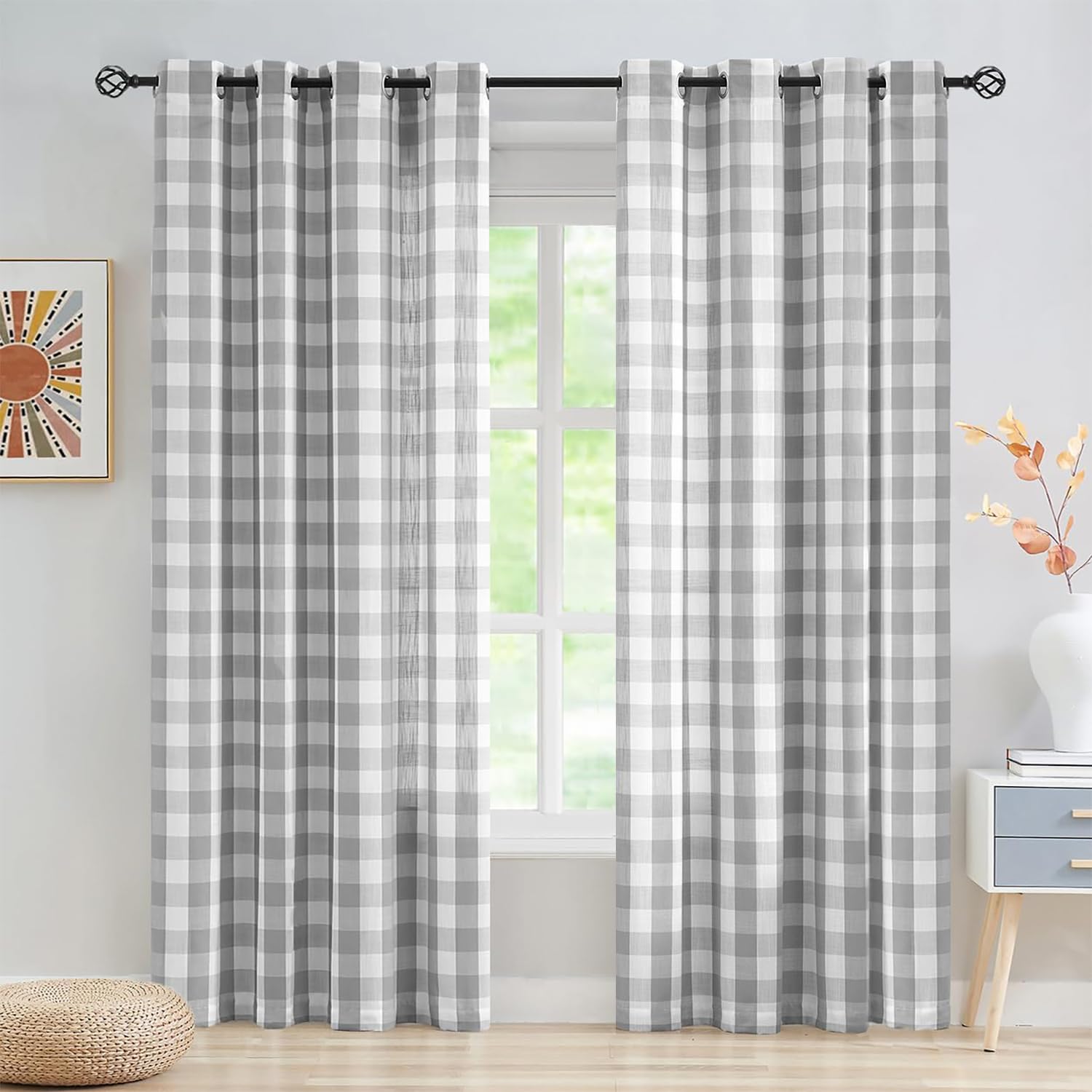 Abstractex Grey White Gingham Sheer Curtains 60x90 Inch for Bedroom Wide Buffalo Check Linen Textured Semi Sheer Privacy Drapes for Living Room Light Filtering Rustic Eyelet Window Treatments 2 Pcs