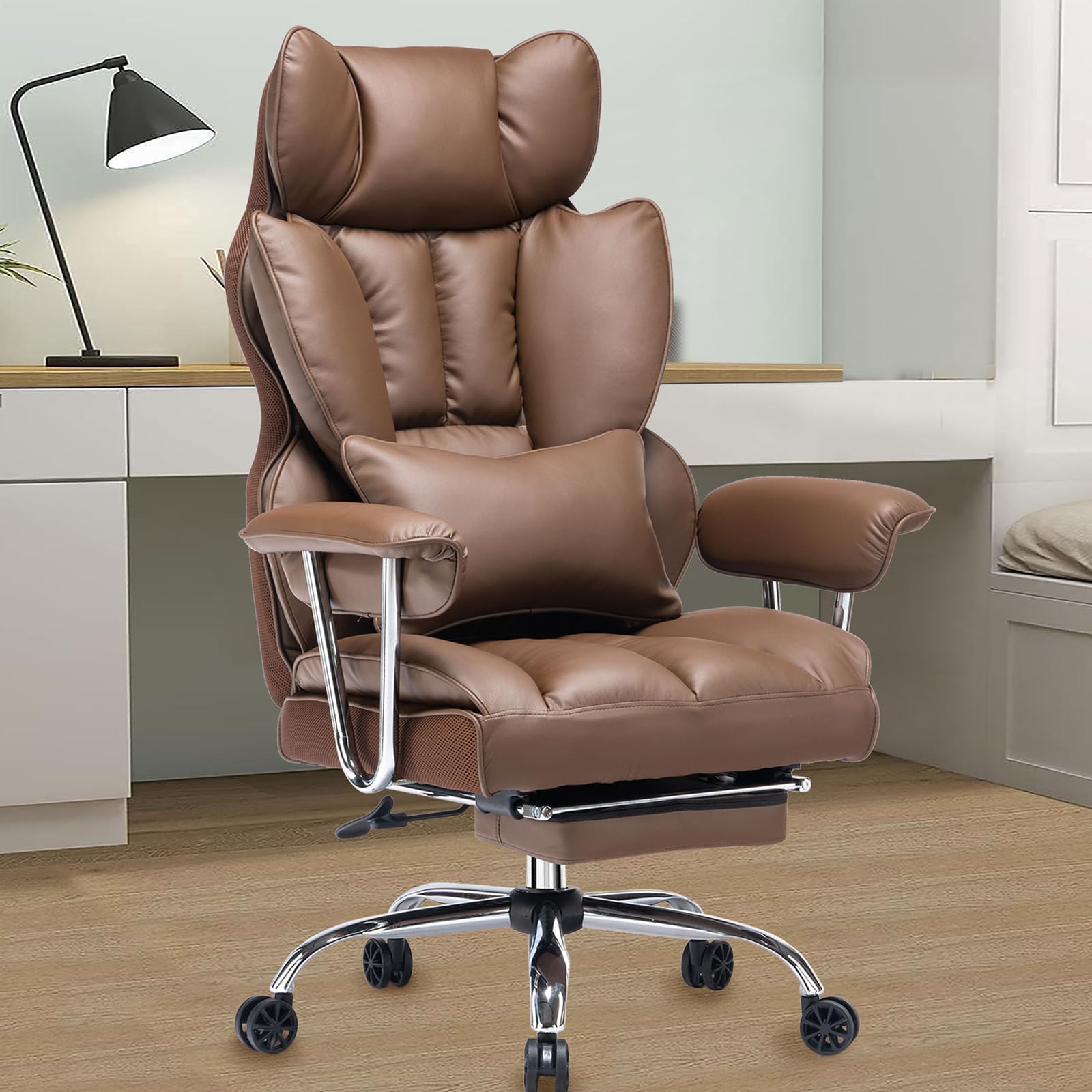 Photo 1 of ***MISSING PARTS***Efomao Big and Tall Office Chair with Foot Rest 400lbs – PU Leather Executive Office Chair with Lumbar Support & Leg Rest, Heavy-Duty Computer Chair for Home Office, Brown by boahaus