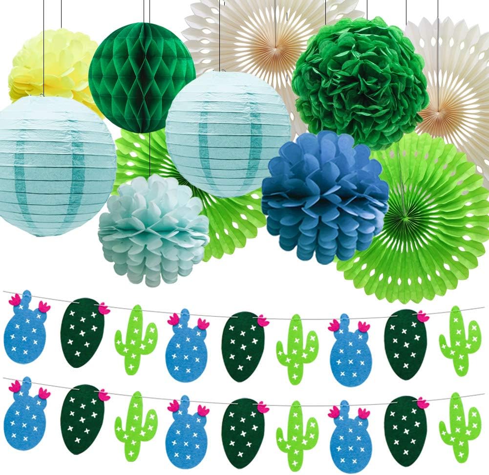 Summer Theme Cactus Banner Garland, Pom Poms Paper Honeycomb Flowers Tissue Paper Fan Paper Lanterns for Tropical Party Birthday Party Luau Hawaii Party Decoration