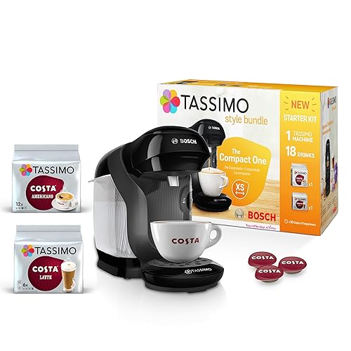 Tassimo by Bosch Style Pod Coffee Machine with Costa Americano & Costa Latte Starter Bundle, TAS1102GB2- Black