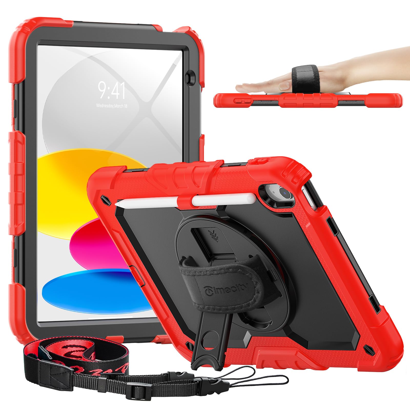 Photo 1 of timecity for iPad (A16) 11th/ 10th Generation Case 11''/ 10.9 Inch (2025/2022) - Heavy Duty Protective Cover with Screen Protector, Stand, Shoulder Strap & Pencil Holder | Kids-Friendly - Red