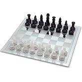 CHH 13.75-Inch Black and Frosted Glass Chess Set with Mirror Chess Board, Decorative Glass Chess Pieces, 2.9-Inch King