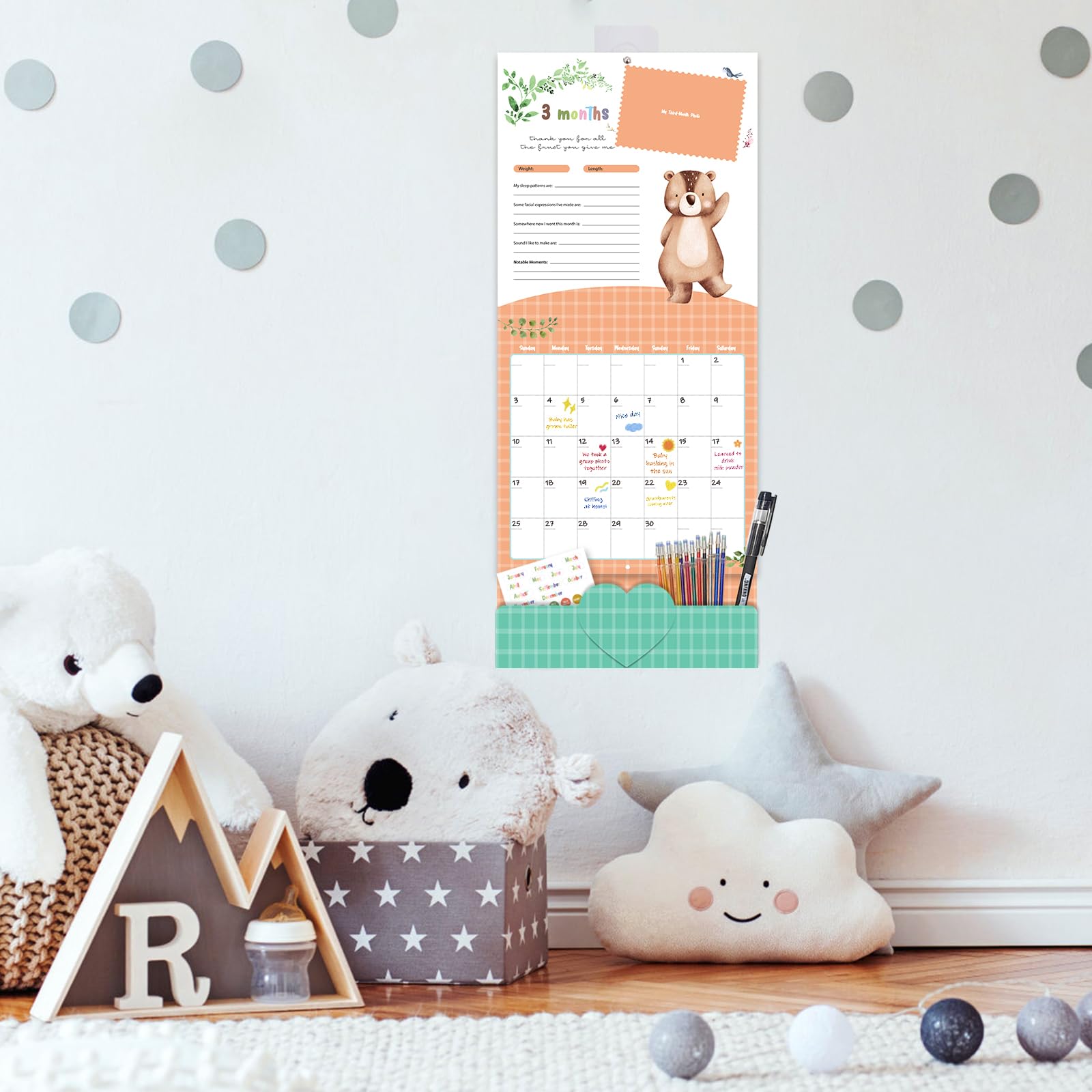 Baby's First Year Calendar with Stickers by Bright Day - 1st Year Tracker - Baby Memory Book for Girls to Document and Cherish Baby First Year Milestones,- Milestone Keepsake for Baby Boy with Pocket