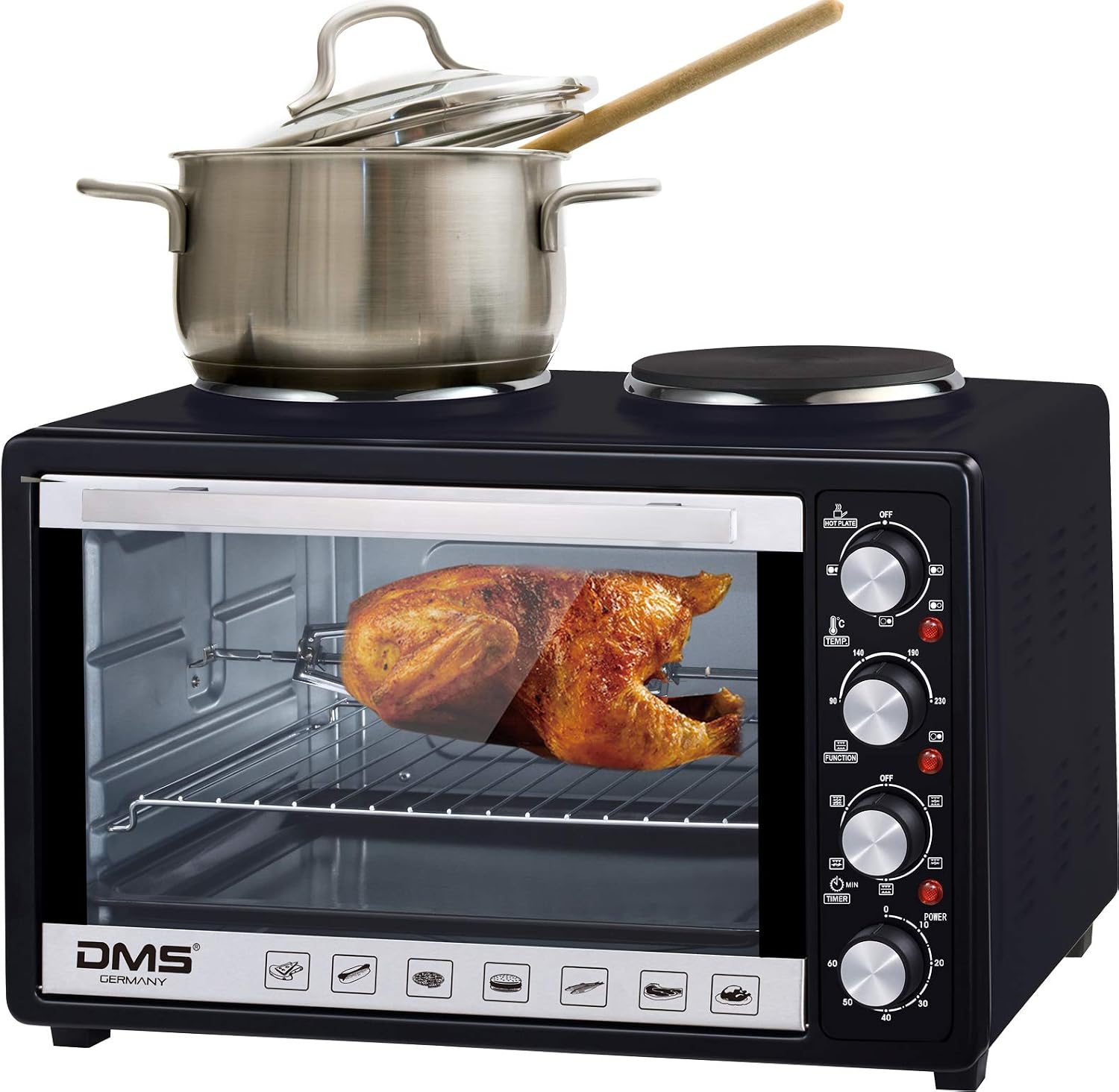 Mini-four First Austria Avec Plaques De Cuisson - 60L, 1800W, Convection Et Rôtissoire - Noir