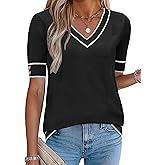 Zeagoo Womens Short Sleeve Sweater 2026 Summer V Neck Lightweight Sweater Tops Dressy Ribbed Knit Outfits with Buttons