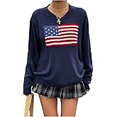 SweatyRocks Girl's Flag Print Pullover Sweaters Long Sleeve Crewneck Casual Loose Knit Tops