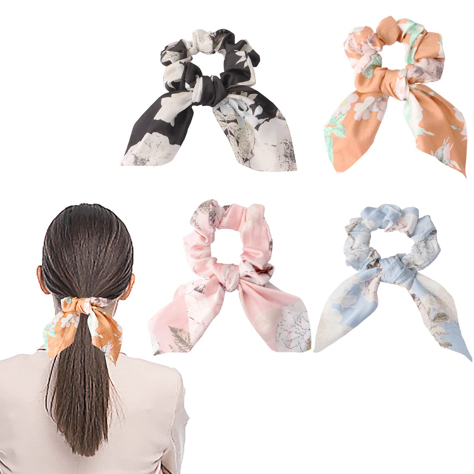 4 Pcs Floral Hair Ties, Bunny Ear Hair Scrunchies, Bowknot Silk Hair Scarf, Ponytail Holder Elastic Hair Bands Gift for Ladies, Girls, Children, Headwear Styling Tools and Hair Accessories Ropes