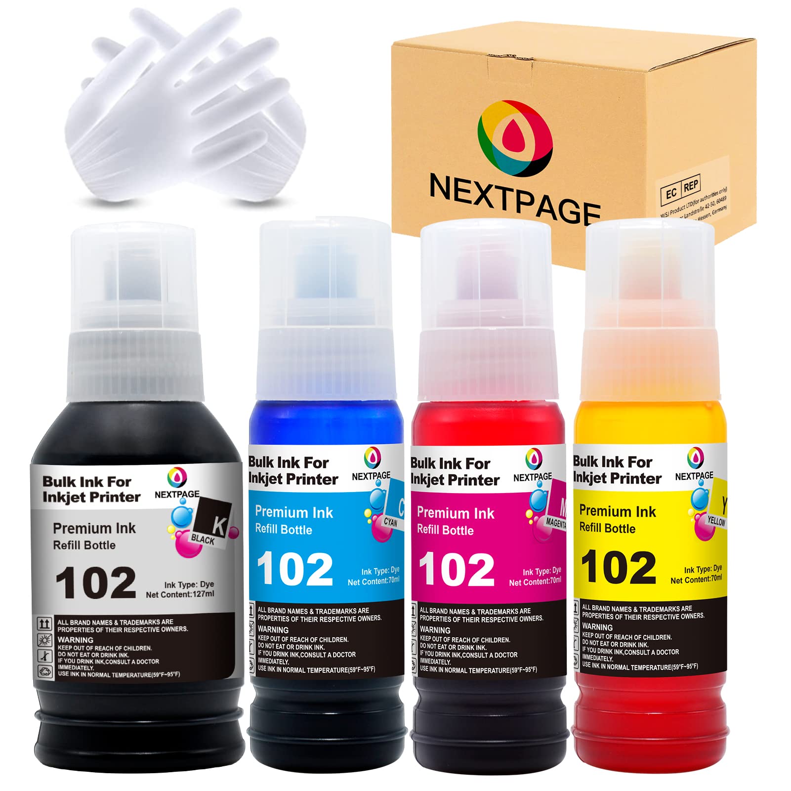 NEXTPAGE 102 Ink Compatible with ink refill bottles for ET-2700 ET-2750 ET-2751 ET-2756 ET-2850 ET-2851 ET-2856 ET-3700 ET-3750 ET-3850 ET-4750 ET-4850 ET-4856 ET-15000 Printer Ink Set(4 Pack)