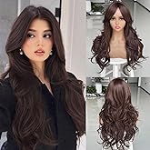 Jadeadyseg Dark Brown Long Wigs for Women Layered Wavy Wig with Curtain Bang Synthetic Dark Brown Wavy Natural Looking Layered Butterfly Blonde Hair for Black White Women Daily Party Use 4# 24Inch