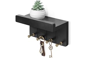 Rebee Vision Small Key Holder Wall Mount - Decorative 8 inch Key and Mail Holder for Wall with Shelf and 4 Sturdy Hooks for Aesthetic Room Decor - Perfect Aesthetic Stuff in House Decor (Modern Black)
