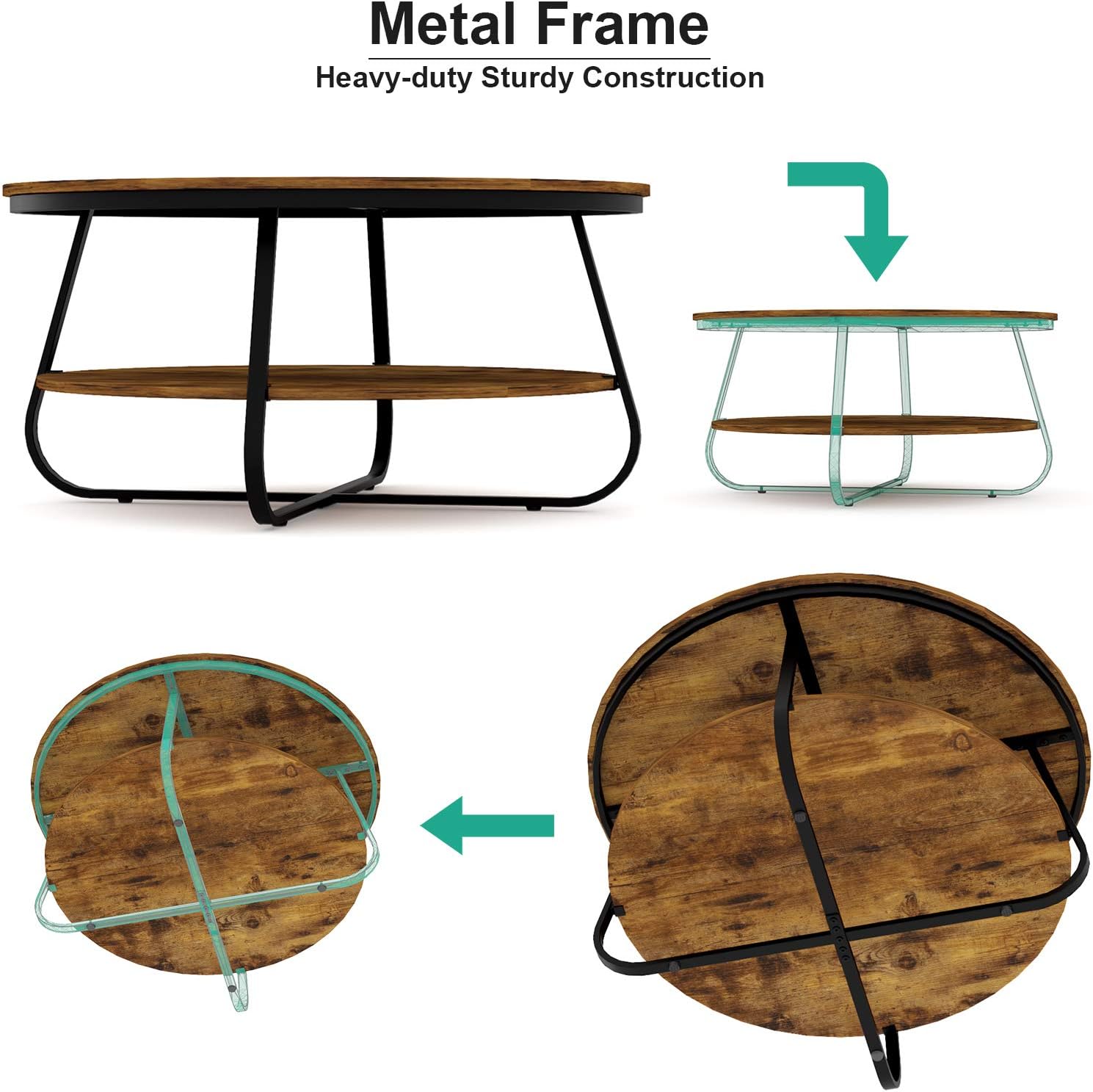 Elephance Round Coffee Table with Storage, 35.8 Inch Rustic Wood Coffee Table with Strong Metal Frame for Living Room, Dining Room, Cocktail Table, Round Sofa Table (Almond): Kitchen & Dining