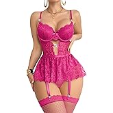 Foxiny Sexy Stocking Underwire Push Up Rhinestones Heart Floral Lace Mesh Sheer Garter Bodysuit Skirt Lingerie Set 3 Piece