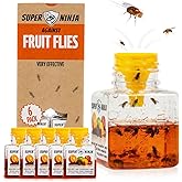 Super Ninja Fruit Fly Traps for Indoors, 6 Pack | Fruit Flies Catcher for Home &amp; Kitchen with Adhesive Back, Kids &amp; Pets Friendly, Upto 3 Weeks of Performance per Bottle