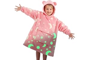 Yoofoss Kids Wearable Blanket Hoodie, Glow in the Dark Oversized Sherpa Fleece Blanket with Pocket, Cozy Sweatshirt Blanket for girl 7-13 Y, Pink