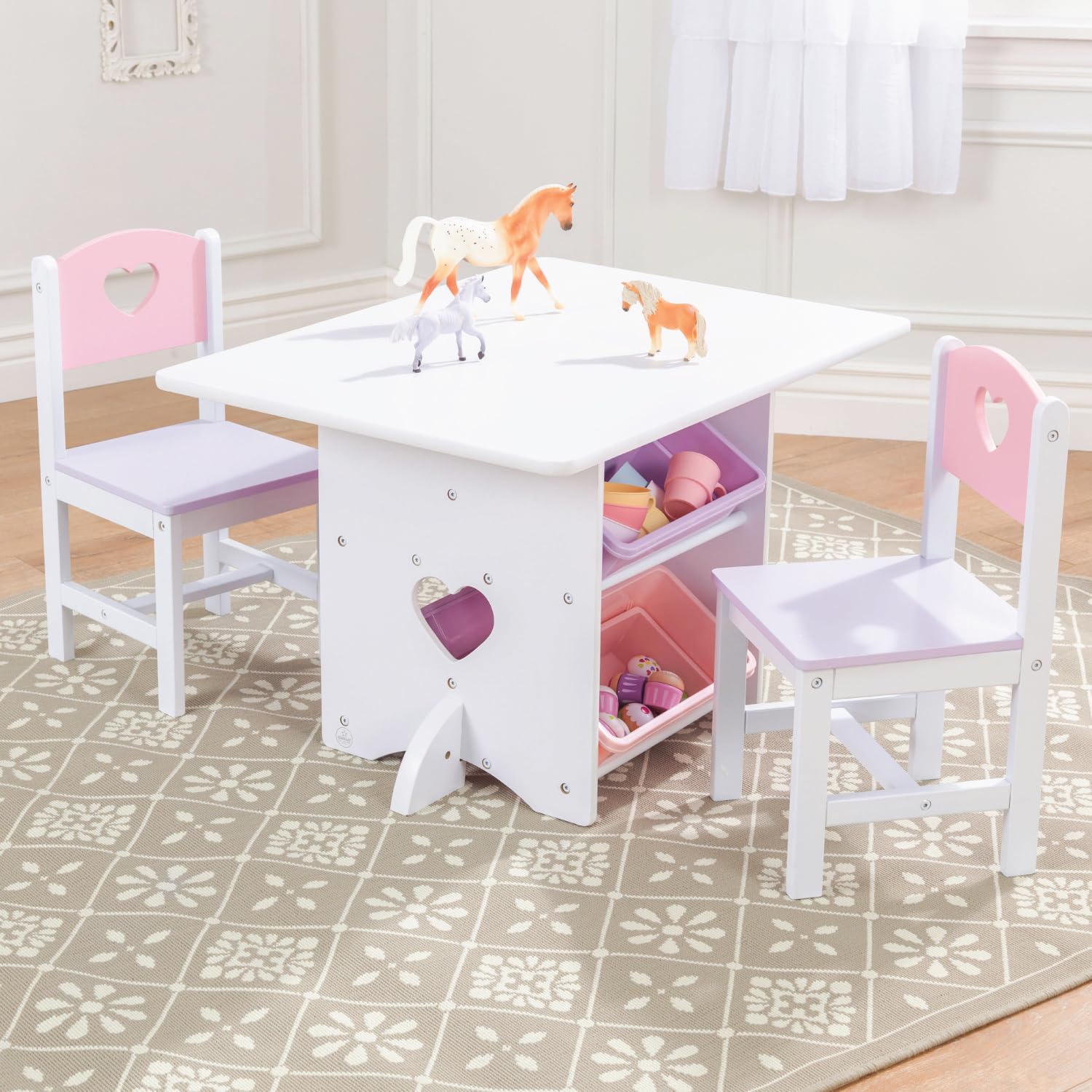 KidKraft Wooden Heart Table & Chair Set with 4 Storage Bins, Children's Furniture – Pink, Purple & White, Gift for Ages 3-8