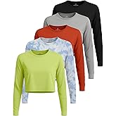 Real Essentials 5 Pack: Women's Dry-Fit Long Sleeve Crop Top - Running Workout Gym Athletic Crew Neck Shirt (Plus Available)
