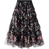 Women's Court Retro Tulle Skirts Long Tutu Fairy Tiered A Line Mesh Elastic Waist Petticoat Flowy Swing Skirts