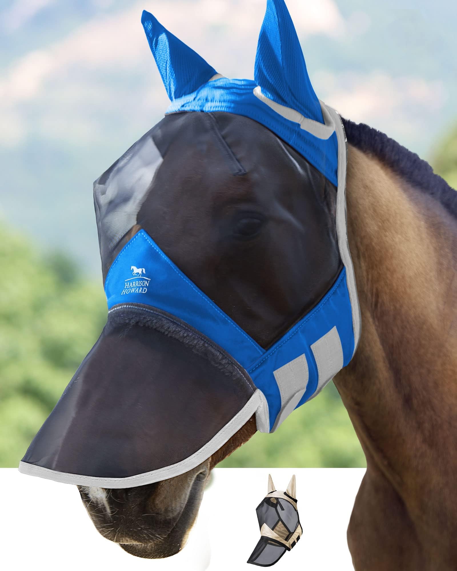 Harrison Howard CareMaster Pro Luminous Horse Fly Mask Large Eye Space Long Nose with Ears UV Protection for Horse Signature Blue Medium Cob