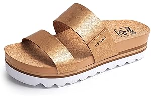 Ustogi Flatform Platform Sandals Women Arch Support Beach Slides Orthotic Summer Causal Cork Footbed Adjustable Lightweight Thick Sole Comfortable Fashion Slip on Cushion Cute 2 Strap