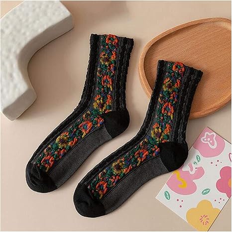 Amazon Co Jp 靴下 日本の原宿のレトロな靴下女性の女の子冬の綿の短い靴下花柄レディースのための通気性靴下 Color Black ホーム キッチン