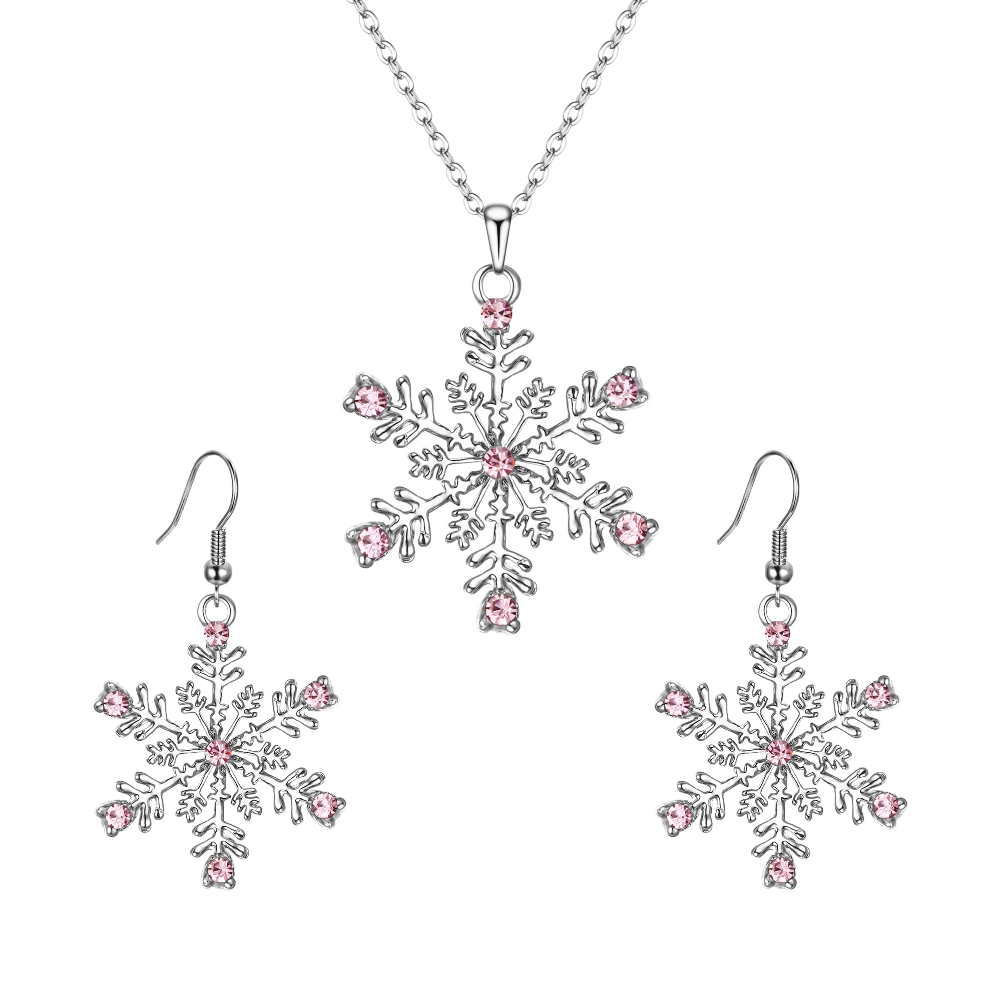 Ever Faith Winter Snowflake Necklace Earrings Set, Rhinestone Crystal Snowflake Jewelry Set Pink Silver-Tone