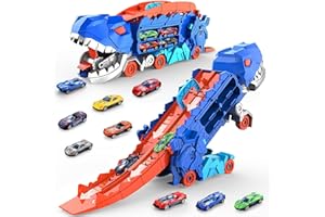 Dufuntotoys 11 in 1 Dinosaur Toys for Kids Toddler, Dinosaur Transport Truck with 8 Race Cars Transforms into Stomping Dinosaur with Race Track Ultimate City Dinosaur Hauler Track Toy for 3-5 4-8 Blue
