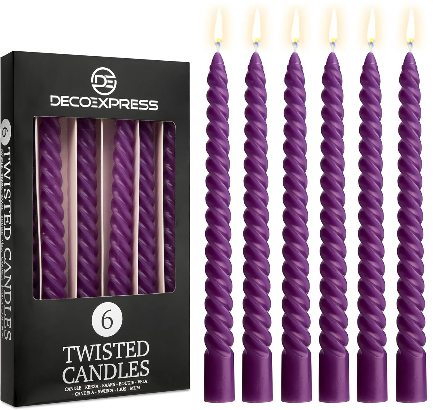 DECO EXPRESS Candles, Pack of 6 Dinner Candles, Non Drip Twisted & Non Scented, Long 6 Hours Burning Time, Cosy Home Decor, Valentine’s Day & Mother’s Day Gifts (Purple, Pack of 6)